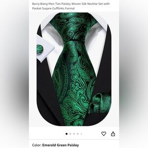 Barry Wang Silk Tie Set Emerald Green Paisley Pocket Square Cufflinks